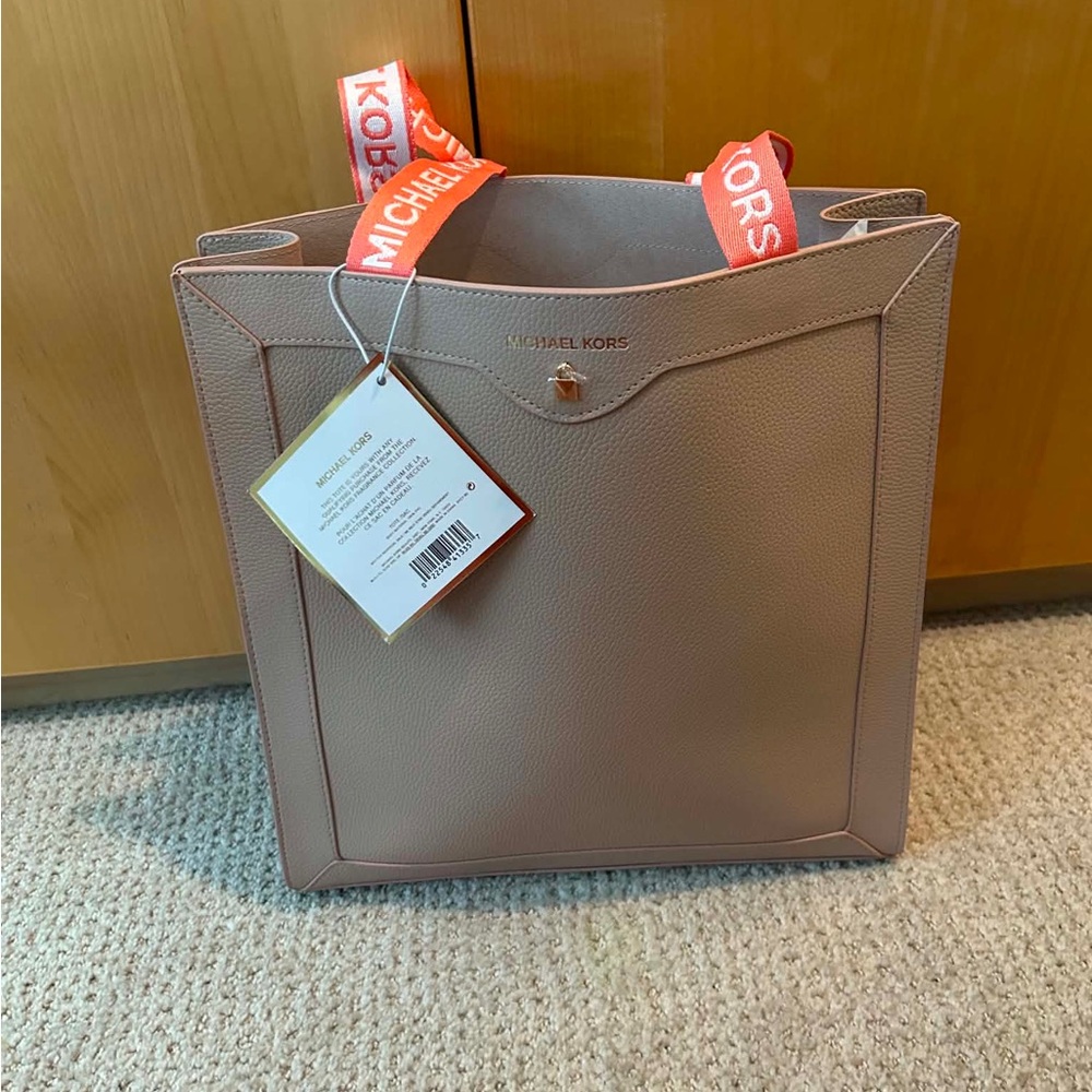 Michael Kors Blush Pink Pebbled Leather Tote with Branded Orange Strap